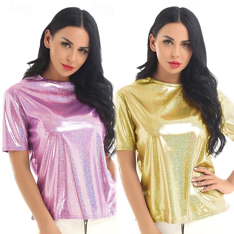 Retro Vintage 1980s Rave T-shirt Disco Shiny Latex Patent Metallic Fancy Dress Women's Pride Halloween Carnival Music Festival Pride Parade Pride Month Adults T-shirt Summer