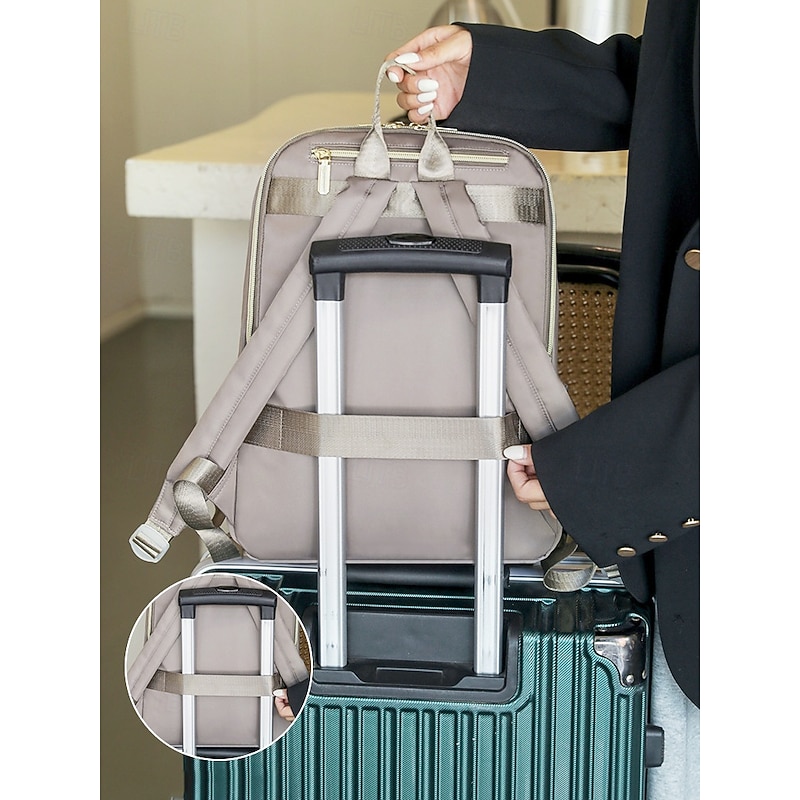 Women's Water-Repellent Nylon Travel Backpack with Quilted Front Pocket, Gold Zippers and Luggage Strap for Business, School and Weekend Trips4