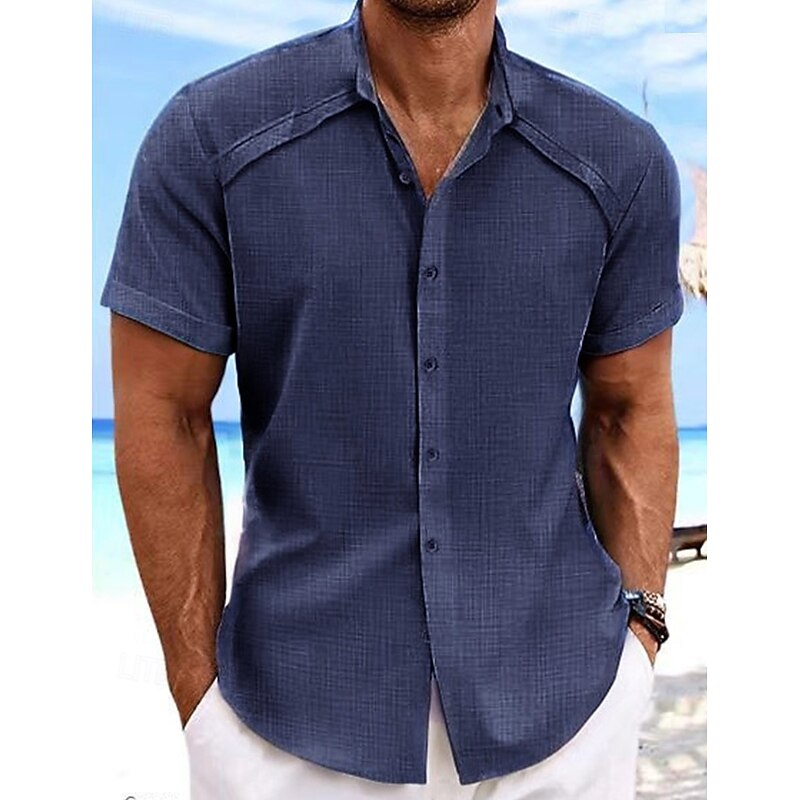 Men's Shirt Summer Shirt Casual Shirt Beach Shirt Button Up Shirt Navy Blue Sky Blue Green Gray Short Sleeve Textured Lapel Vacation Daily Clothing Apparel Fashion Casual