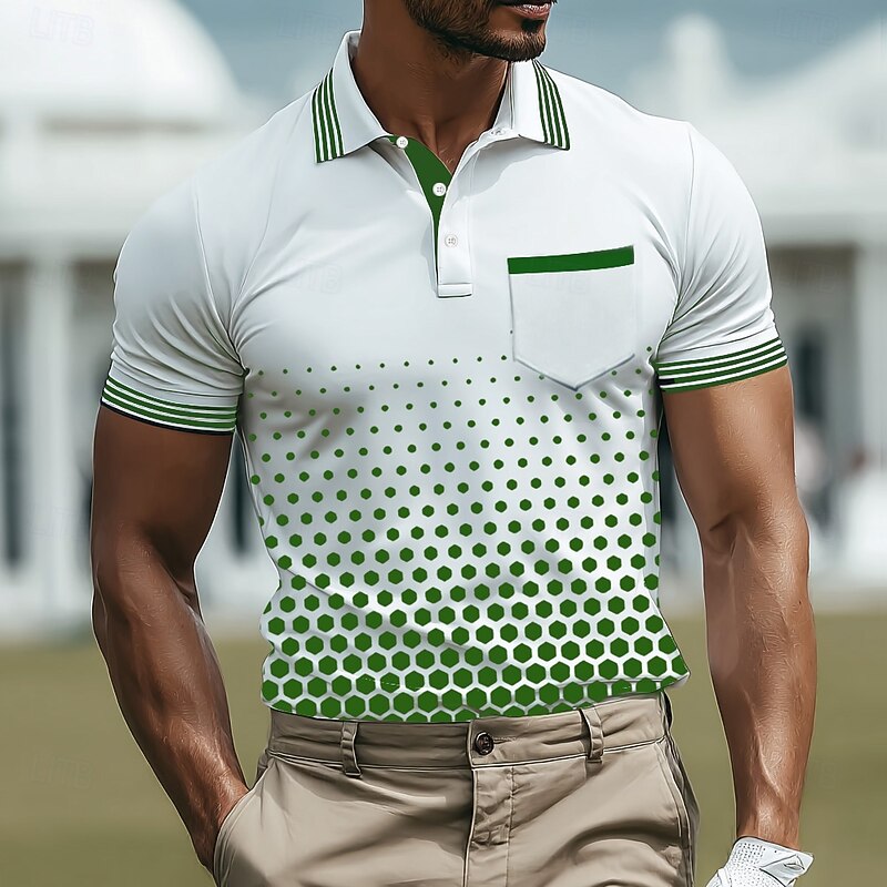 Men's Geometic Polo Short Sleeve Polo Shirts Collared Shirts Business Casual Outdoor Athleisure Daily Wear Buttons 3D Print Summer Black Blue Green3
