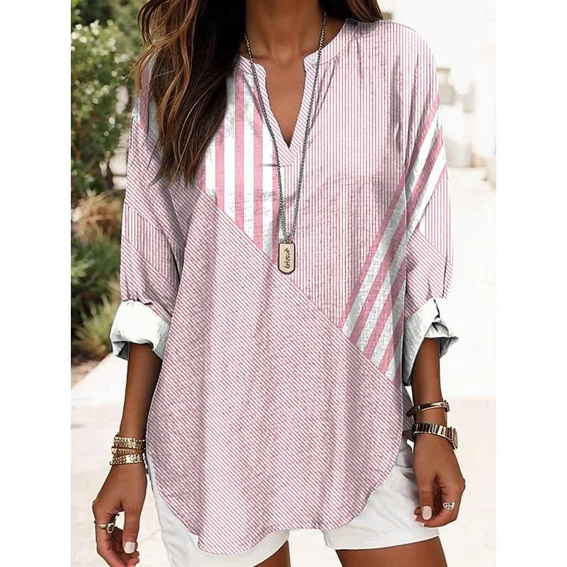 Women's Blouse Tunic V Neck Long Sleeve Boho Casual Tops Graphic Striped Elegant Stylish Regular Tops Daily Print Pink Blue Green3
