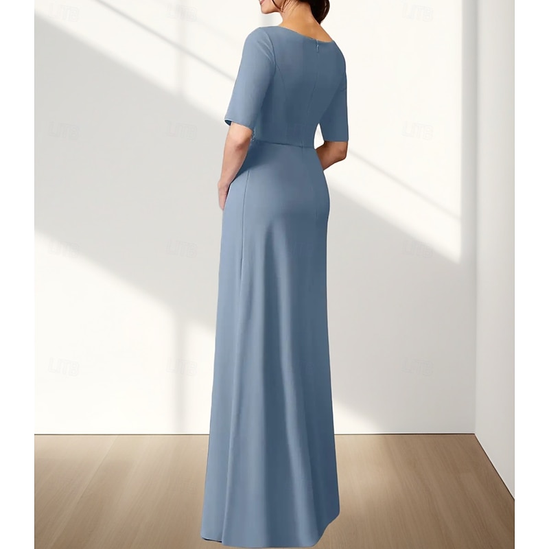 A-Line Mother of the Bride Dress Wedding Guest Elegant Crew Neck Floor Length Chiffon Stretch Fabric Half Sleeve with Appliques Ruching4