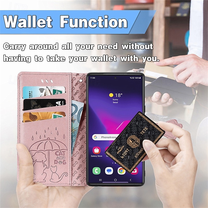 Phone Case For Samsung Galaxy S25 S24 S24 FE S23 S22 S21 Ultra Plus A16 A55 5G A35 5G A25 Wallet Case Flip Cover with Wrist Strap Shockproof Cat Dog TPU PU Leather3