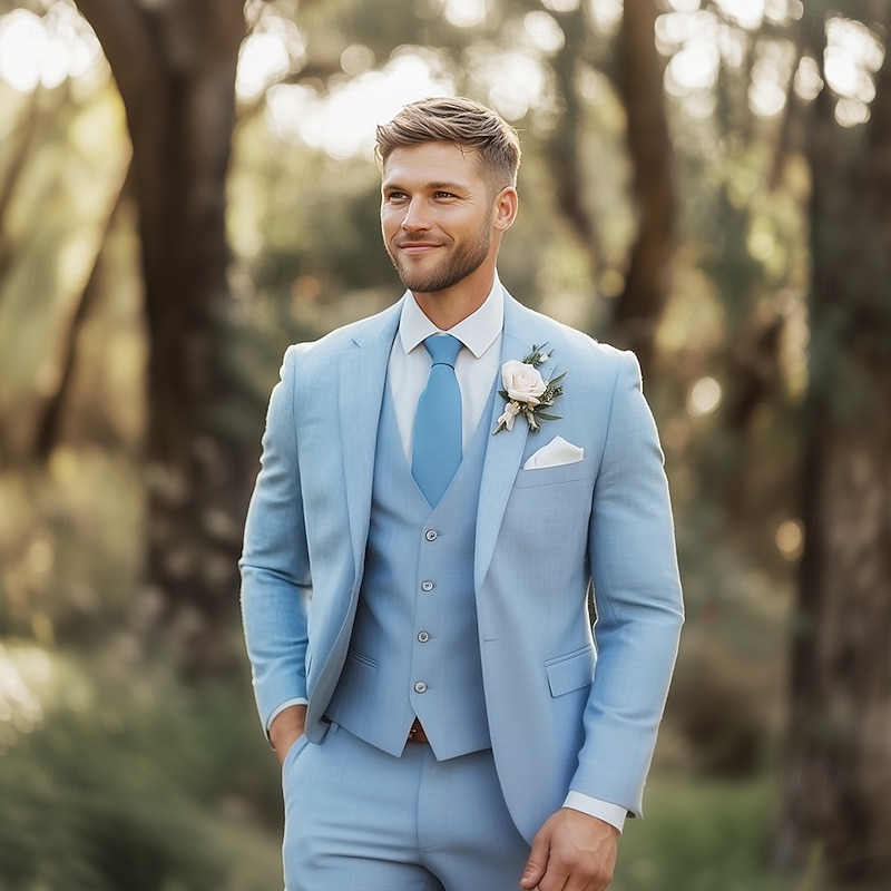 Men's Wedding Suits Sky Blue Summer Formal Solid Colored Standard Fit 3 Piece Single Breasted One-button2