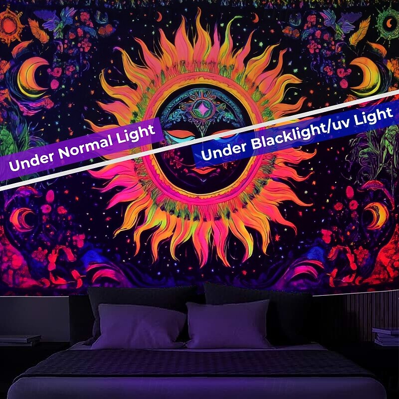 Boho Blacklight Tapestry Glow in the Dark Glow Party UV Reactive Sun and Moon Trippy Misty Mushroom Nature Landscape Hanging Tapestry Wall Art Mural for Living Room Bedroom3