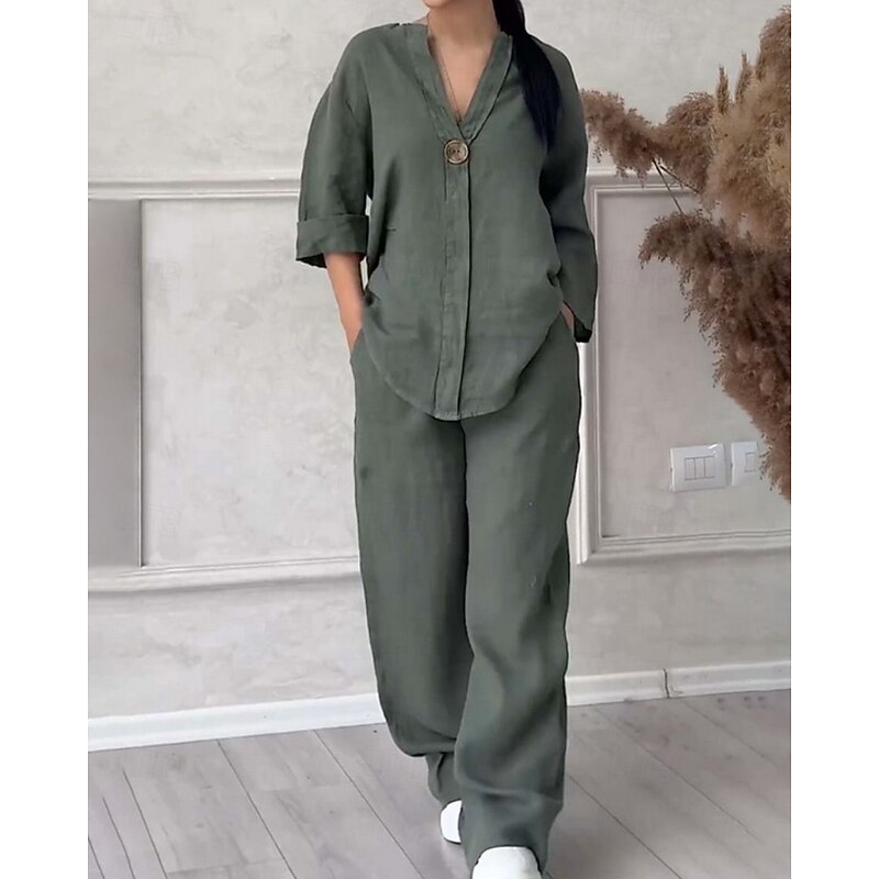 Women's Active Fashion Cotton Linen Shirts Blouse Pants Sets Long Sleeve V Neck Solid Color Outdoor Weekend Black White Pink Summer Regular Fit
