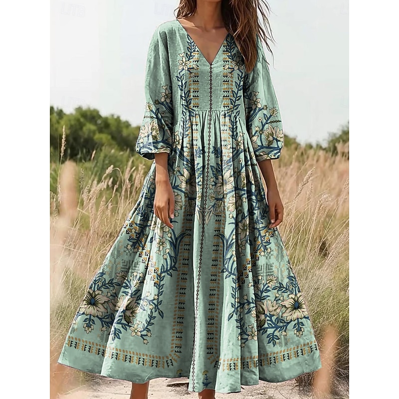Women's Maxi Dress Sundress A Line Dress Pleated Dress Vacation Casual Boho Going out Loose Fit Floral Graphic 3/4 Length Sleeve V Neck Black Yellow Blue Green Summer Spring