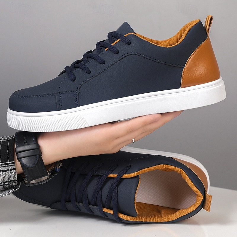 Men's Premium Navy Blue and Orange Faux Leather Sneakers with Fashionable Color Accents for Casual and Athletic Wear3