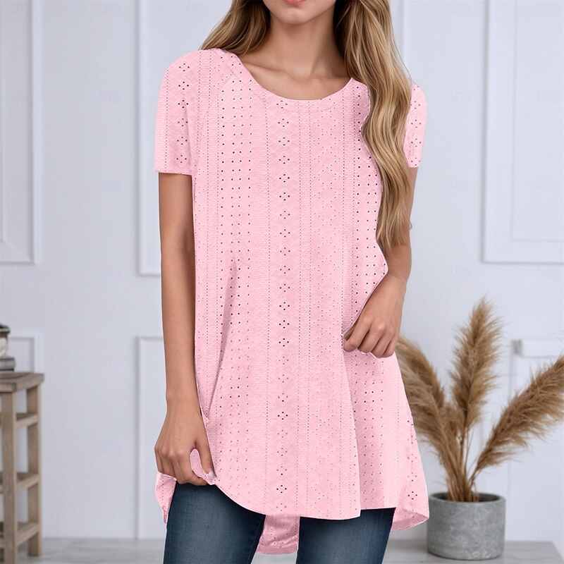 Women's Tunic Summer Tops Blouse Plain Stylish Casual Short Sleeve Crew Neck Long Tops Daily Eyelet Asymmetrical White Pink Purple Green Light Blue Summer Spring2