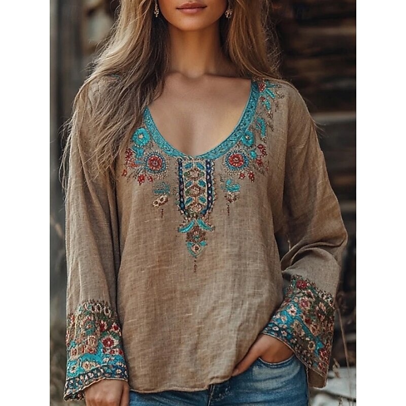 Women's Western Blouse Boho Shirt Blouse Flower Boho Long Sleeve V Neck Regular Tops Daily Going out Print Camel Khaki Summer