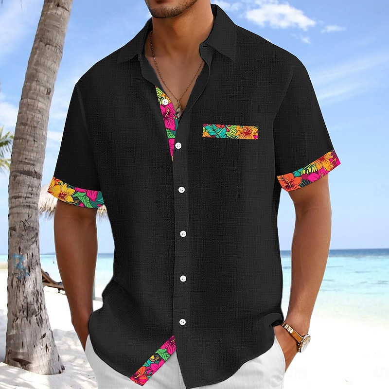 Men's Shirt Linen Shirt Summer Shirt Beach Wear Button Up Shirt Solid Color Vacation Curise Black White Orange Green Short Sleeve Collar Summer Spring & Summer Clothing Apparel Color Block