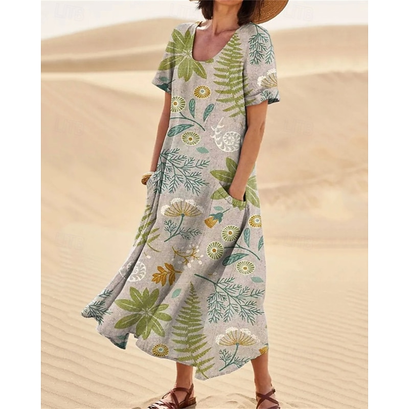 Women's Long Dress Maxi Dress Casual Dress Swing Dress Summer Dress Elegant Fashion Romantic Outdoor Party Holiday Regular Fit Flower Short Sleeve Crew Neck Black Blue Green Summer3
