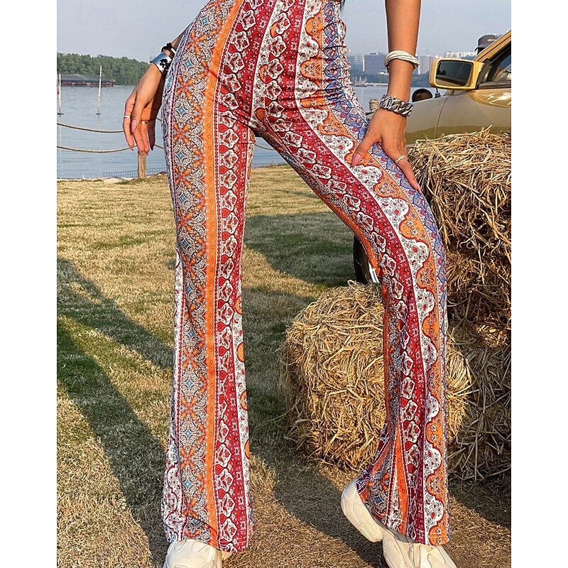 Women's Bell Bottom Slacks Fashion Boho Full Length Natural Flower Elastic Waist Printing Outdoor Comfortable Holiday Going out Magenta Orange red Black Pink Summer Regular Fit4