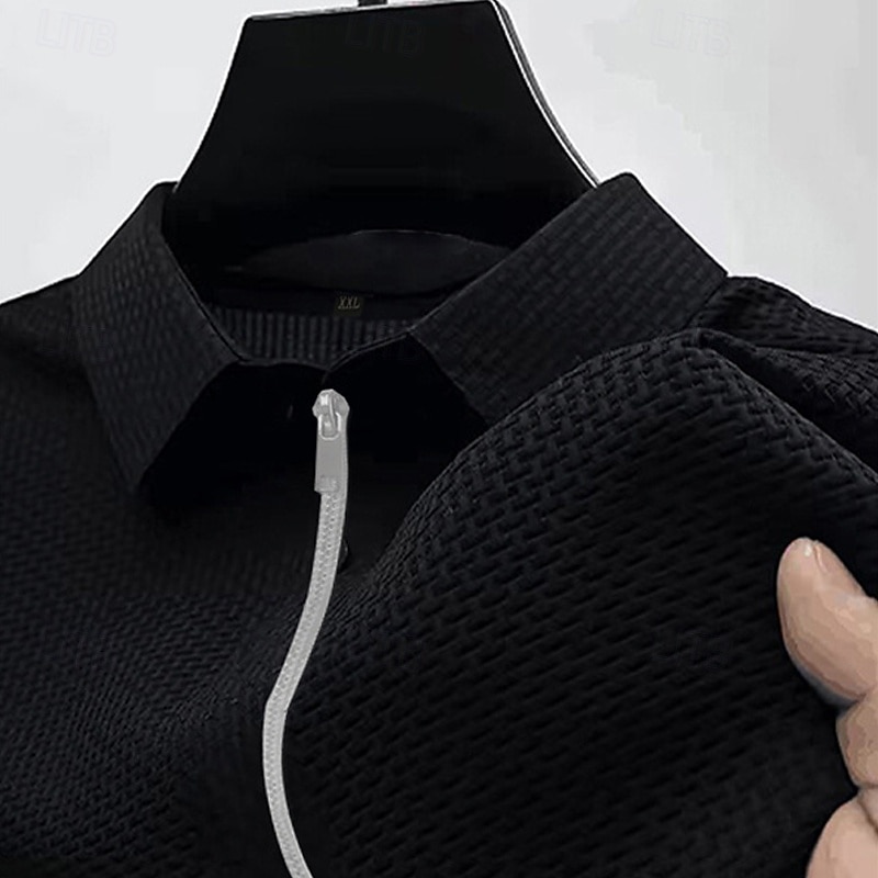 Men's Quarter Zip Polo Golf Shirt Daily Holiday Lapel Short Sleeve Fashion Basic Plain Jacquard Summer Regular Fit Black White Navy Blue Blue Dark Gray Light Sky Blue Quarter Zip Polo4