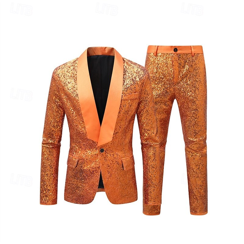 Men's Blazer Set Stage Wedding Party Party / Cocktail Fashion Casual Spring Autumn / Fall Polyester Plain Pocket 2 Piece Comfortable Single Breasted Blazer Orange2