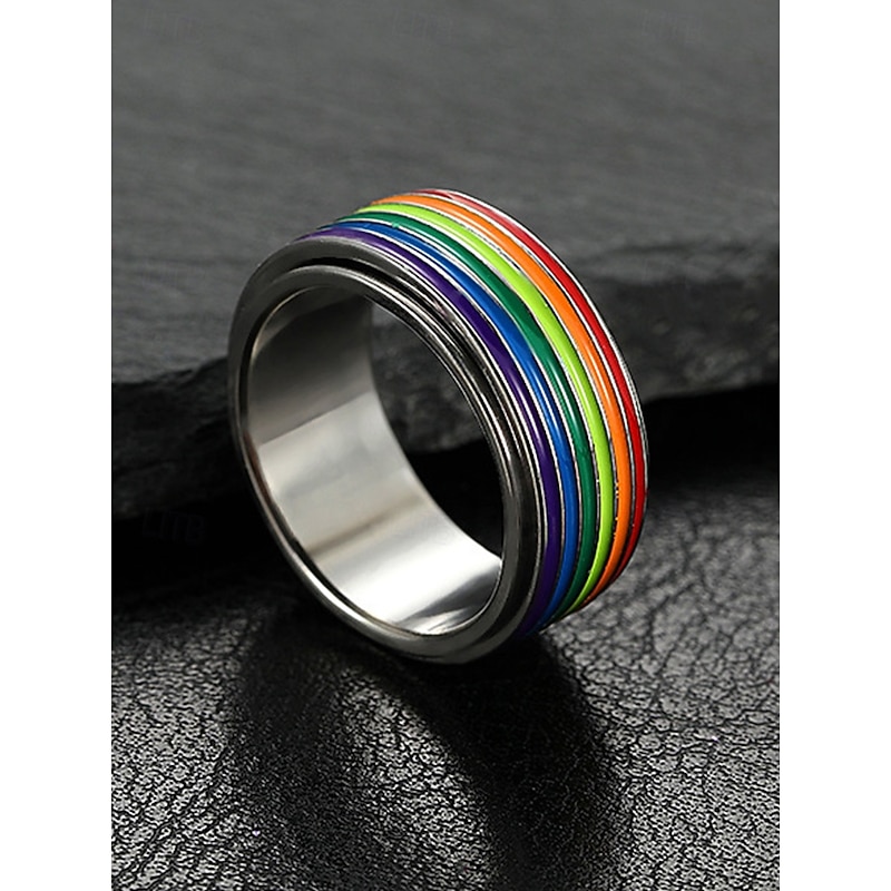Men's LGBT Rainbow Rotatable Twist Ring - Stainless Steel Twist Design Pride Ring, Fashionable Festival, Everyday Wear and LGBTQ+ Celebration Accessory