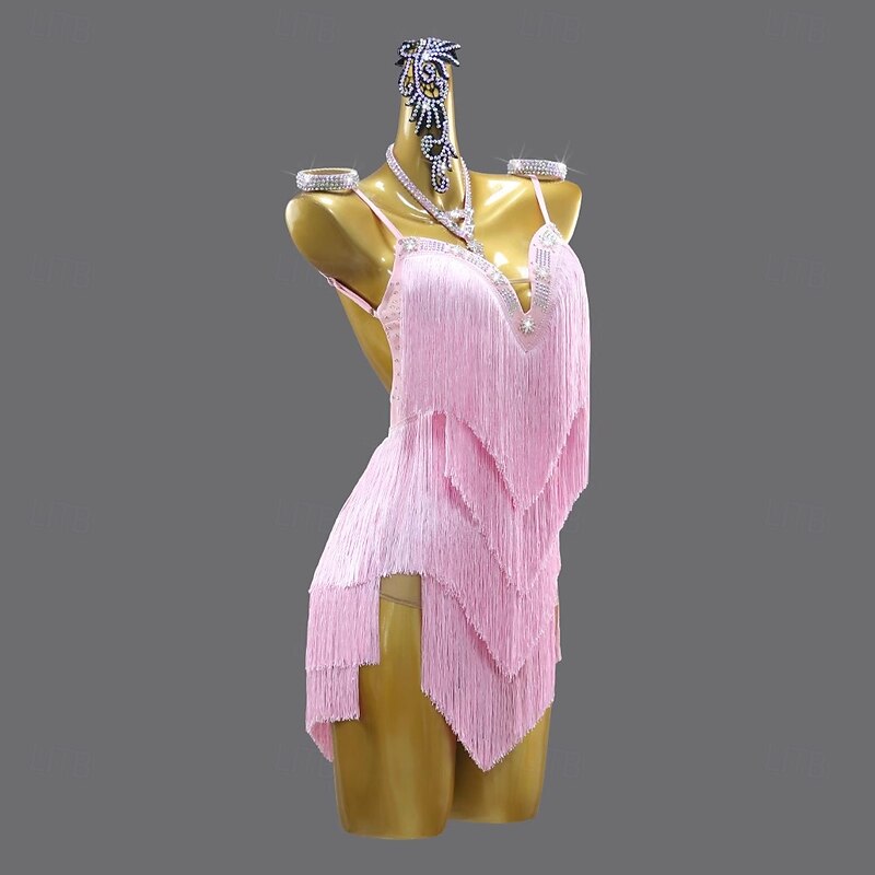 Latin Salsa Dance Dress Crystal / Rhinestone Tassel Pure Color Women's Performance Training Sleeveless Spandex3