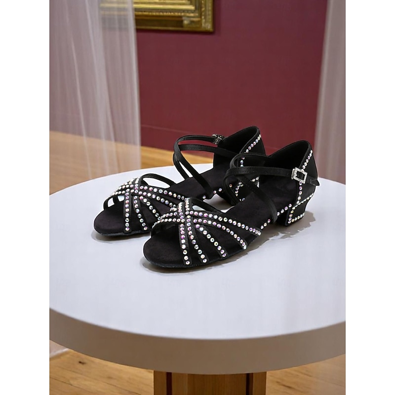 Women's Black Rhinestone Low Heel Dance Sandals - Youth-Friendly Latin Practice Shoes for Girls and Teens in Ballroom or Stage Performances