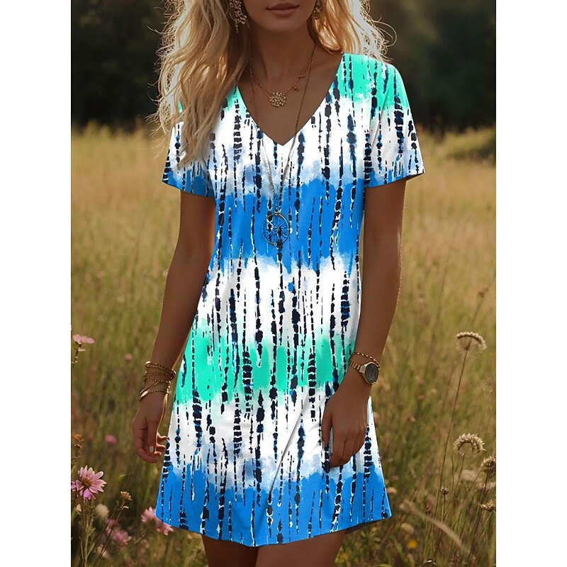 Women's Mini Dress T Shirt Dress Tee Dress Sundress Summer Dress Vacation Casual Boho Daily Going out Regular Fit Ombre Graphic Short Sleeve V Neck Blue Summer