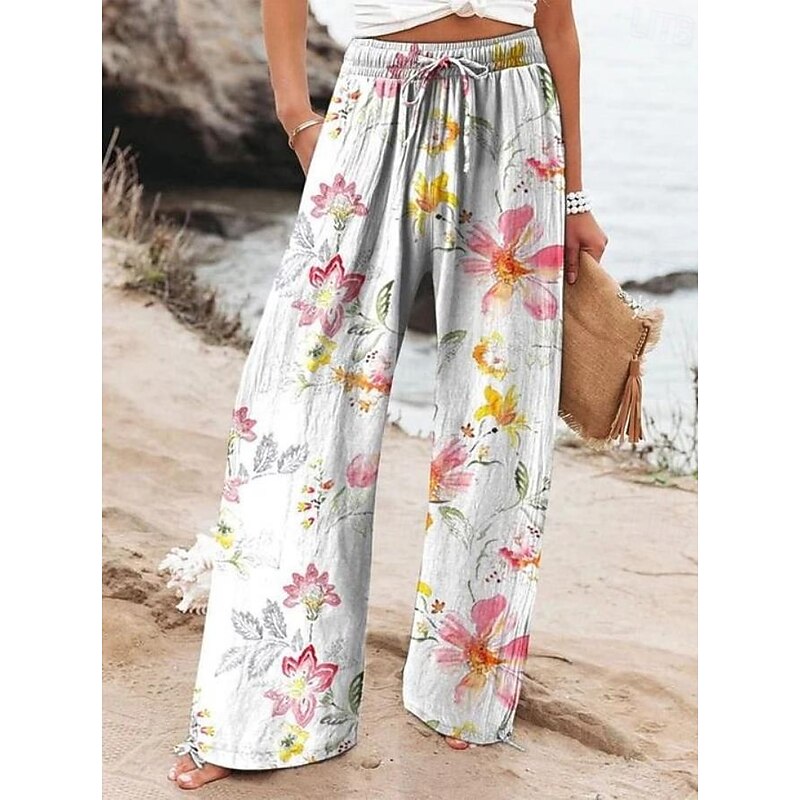 Women's Wide Leg Chinos Baggy Pants Vacation Fashion Hawaiian Full Length High Waist Floral Graphic Drawstring Printing Soft Breathable Micro-elastic Vacation Street Causal Violet off-white Deep Blue2