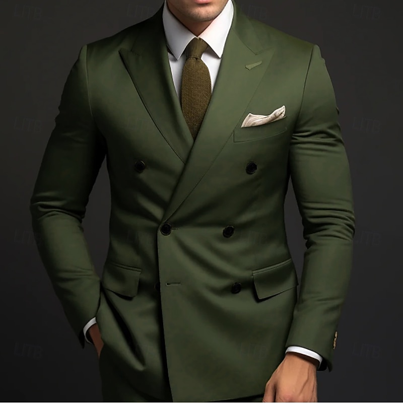 Men's Wedding Party Suits Peaked Lapel Grape Army Green Formal Solid Colored Standard Fit 2 Piece Double Breasted Six-buttons2