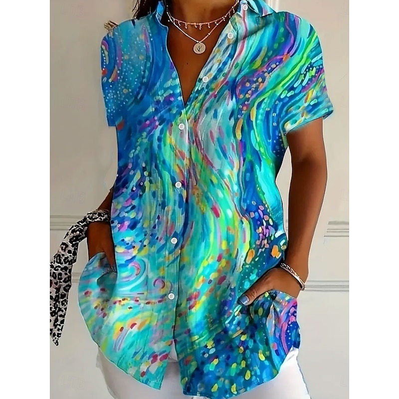 Women's Shirt Long Sleeve Button Down Blouse Floral Graphic Color Gradient Daily Casual Short Sleeve Shirt Collar Regular Tops Daily Yellow Blue Green Summer