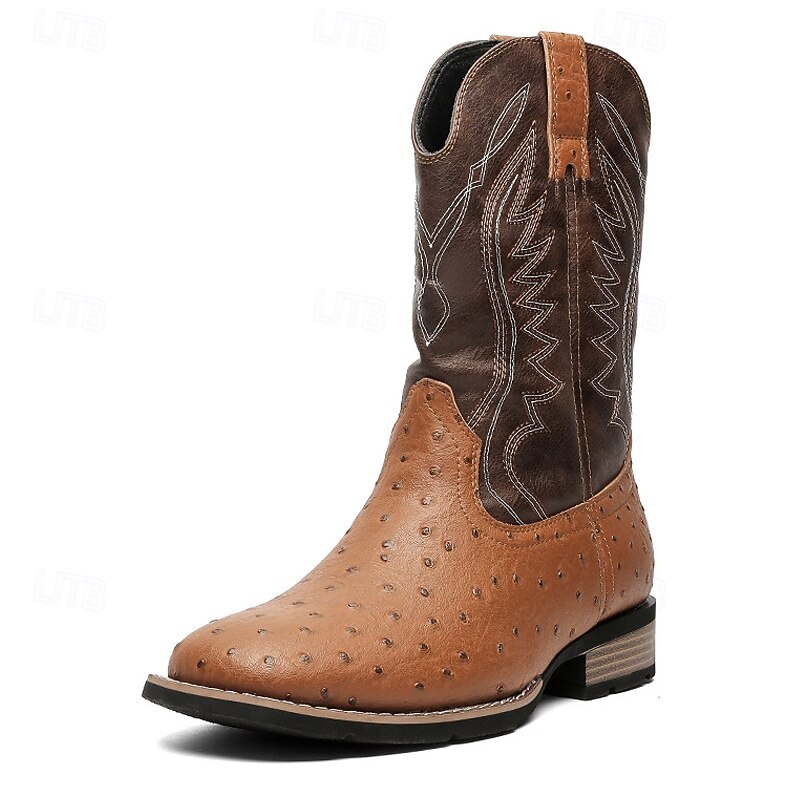 Men's Brown Faux Leather Cowboy Boots with Embroidered Detailing – Classic Western Style for Casual Wear, Rodeos and Outdoor Events4