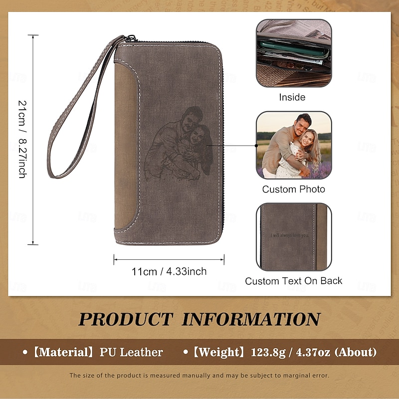 Personalized Photo Engraved Leather Wallet Custom Best Gift for Dad, Custom Text on Back, Two Colors, Father's Day, Birthday, Anniversary, Christmas Gift for Him, Personalized for Men4