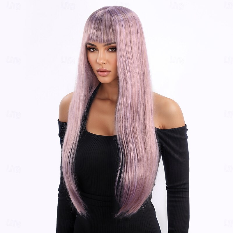 Synthetic Wig Wavy Deep Wave Neat Bang With Bangs Machine Made Wig 26 inch A1 Synthetic Hair Women's Classic Comfortable Color Gradient Pink3