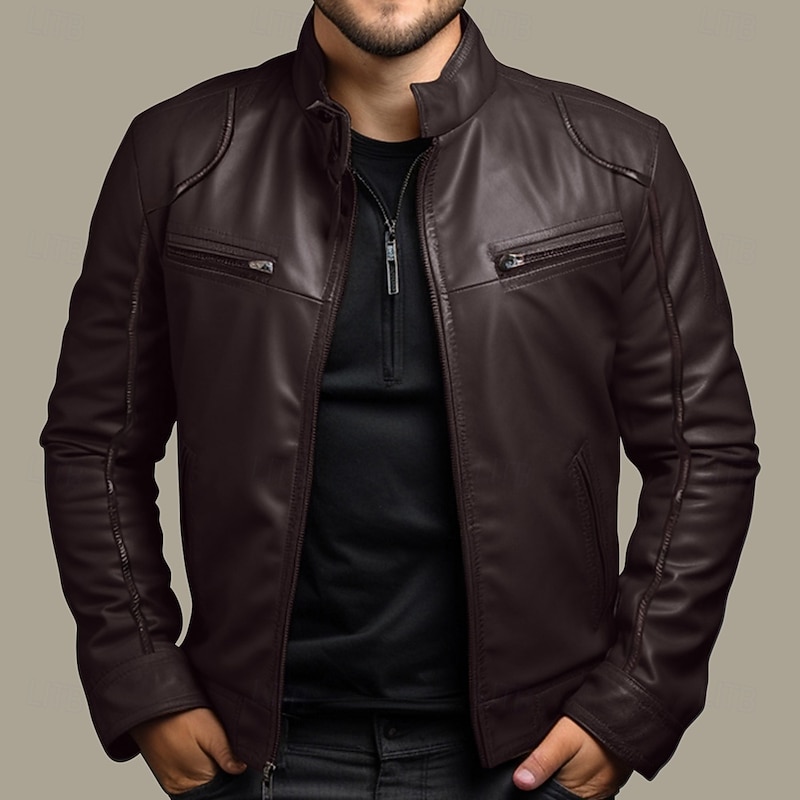 Men's Leather Jacket Transition Jacket Outdoor Windbreaker Pocket All Seasons Plain Streetwear Stand Collar Regular Faux Leather Black Brown Jacket3