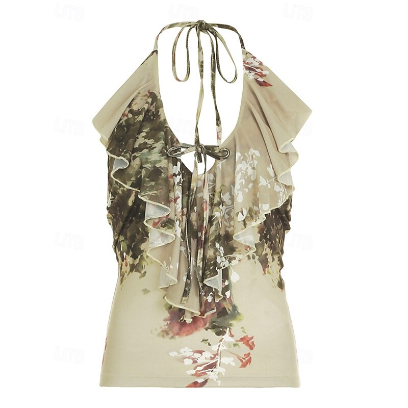 Women's Boho Shirt Blouse Flower Modern Boho Sleeveless Halter Neck Regular Tops Daily Holiday Going out Backless Print Green Summer2