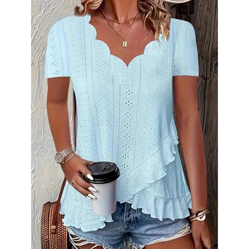Women's Blouse Solid Color Stylish Casual Short Sleeve V Neck Regular Tops Daily Ruffle Eyelet White Yellow Pink Blue Green Summer2
