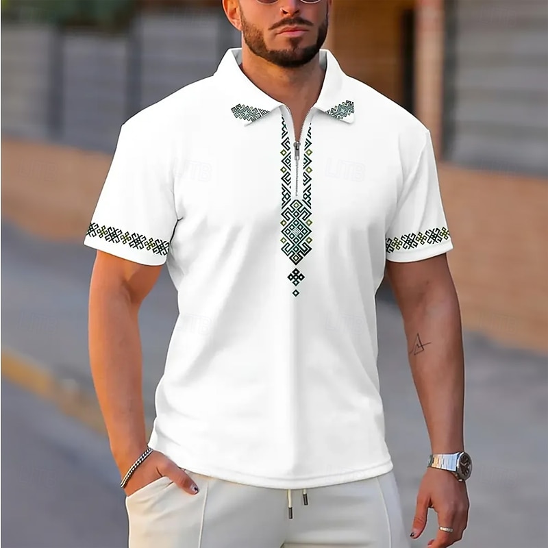 Men's Graphic Zip Polo Shirts Short Sleeve Polo Shirts Collared Shirts Casual Athleisure Daily Wear 3D Print Summer Black Brown Green