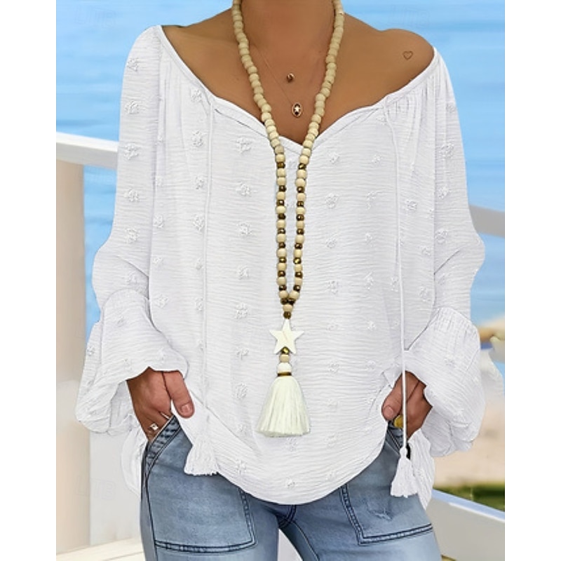 Women's Blouse Lace Tops Plain Modern Casual Long Sleeve V Neck Regular Tops Daily Holiday Going out Patchwork White Summer