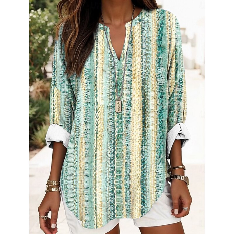 Women's Blouse Tunic V Neck Long Sleeve Boho Casual Tops Cotton Linen Graphic Striped Daily Business Regular Tops Work Daily Buttons Print Black Blue Green Light Blue3