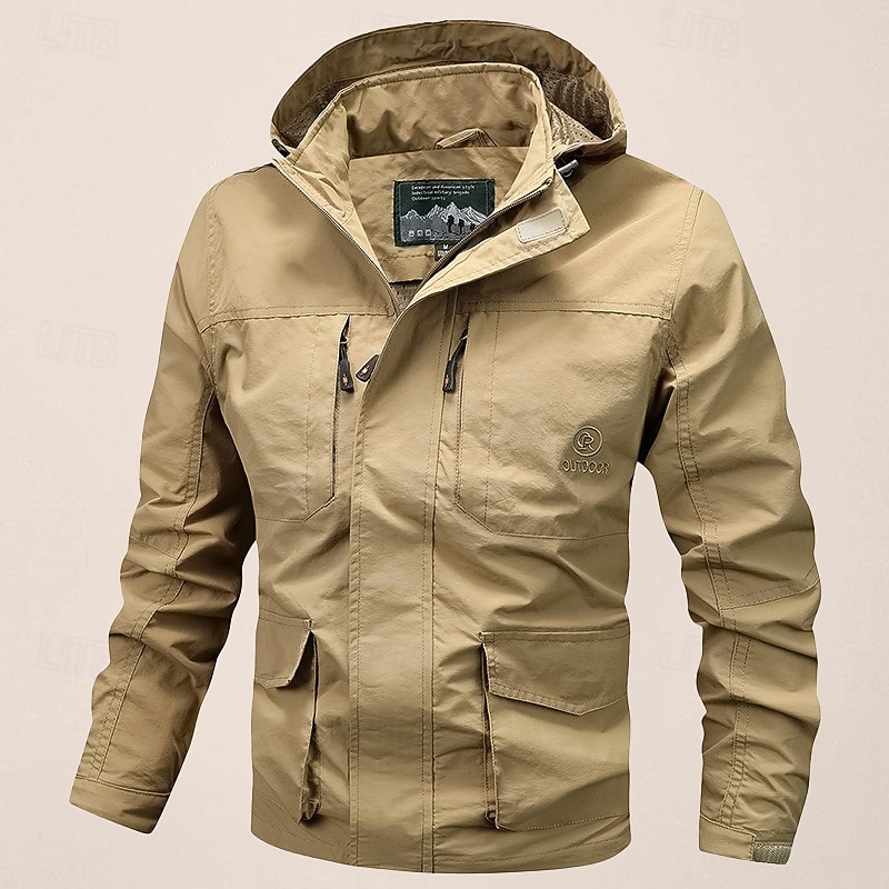 Men's Outdoor Jacket Transition Jacket Hiking Removable Multiple Pockets All Seasons Plain Casual Hooded Regular Black Khaki Dark Blue Gray Jacket3