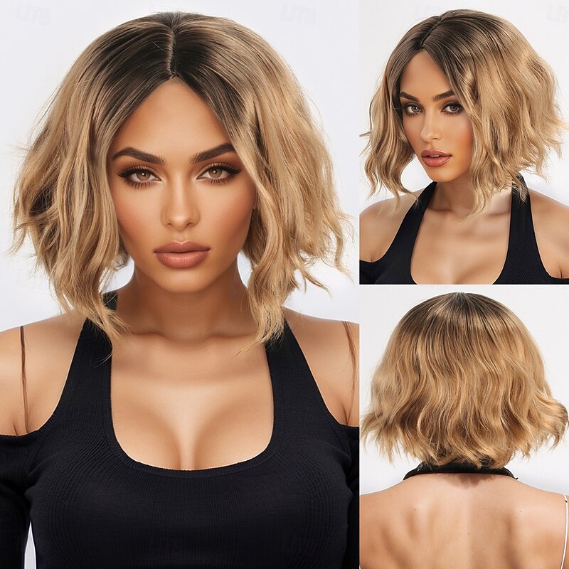 Synthetic Wig Wavy Curly Weave Asymmetrical Neat Bang Machine Made Wig 12 inch A1 Synthetic Hair Women's Middle Part Classic Comfortable Blonde4