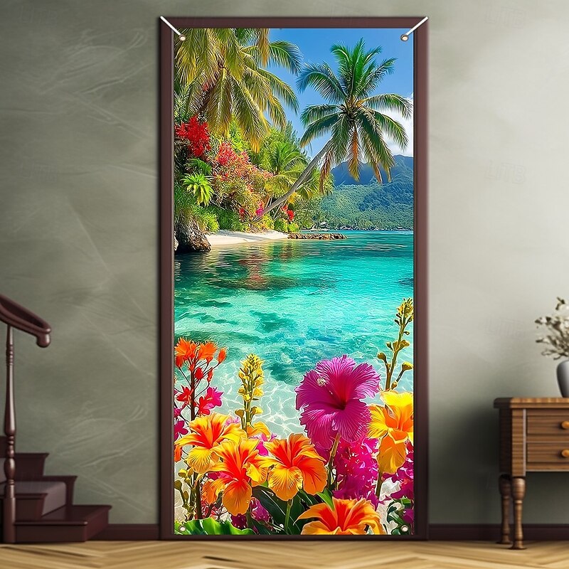 Ocean Beach Door Decorations Door Covers Summer Floral Door Tapestry Door Curtain Decoration Backdrop Indoor/Outdoor Door Banner for Front Door Farmhouse2