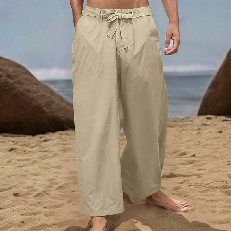 Men's Linen Pants Trousers Summer Pants Elastic Waist Plain Comfort Breathable Full Length Casual Daily Holiday Vacation Fashion Loose Fit Black White Micro-elastic