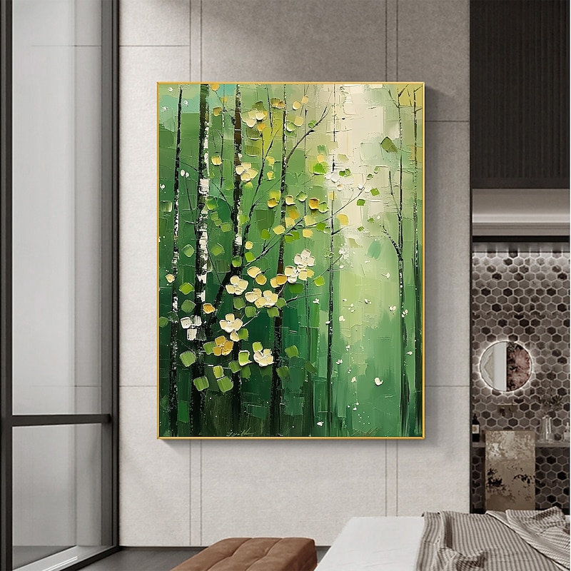 Handmade Original Green Forest Oil Painting On Canvas Abstract Tree Scenery Wall Art for Home Decor With Stretched Frame Without Inner Frame Painting3