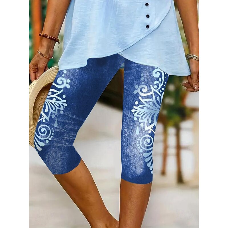Women's Leggings Capri Pants High Elasticity Vacation Vintage Fashion Calf-Length Mid Waist Floral Graphic Abstract Printing Breathable Soft Stretchy Vacation Casual Daily Robin's Egg Blue Grey4