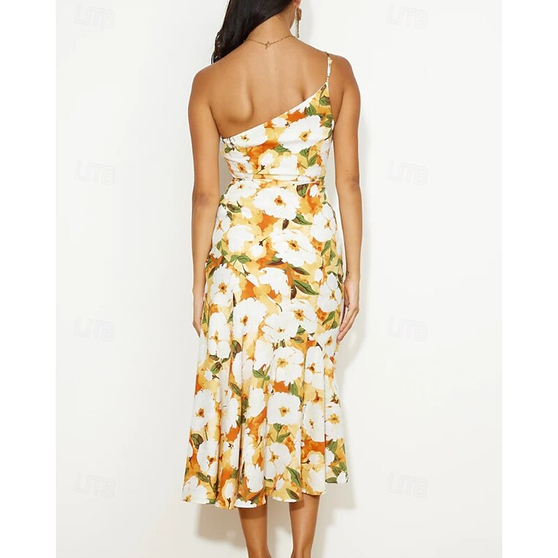 Women's Midi Dress Floral Dress Print Dress Fashion Modern Outdoor Vacation Weekend Regular Fit Flower Sleeveless One Shoulder Yellow Blue Purple Orange Summer4