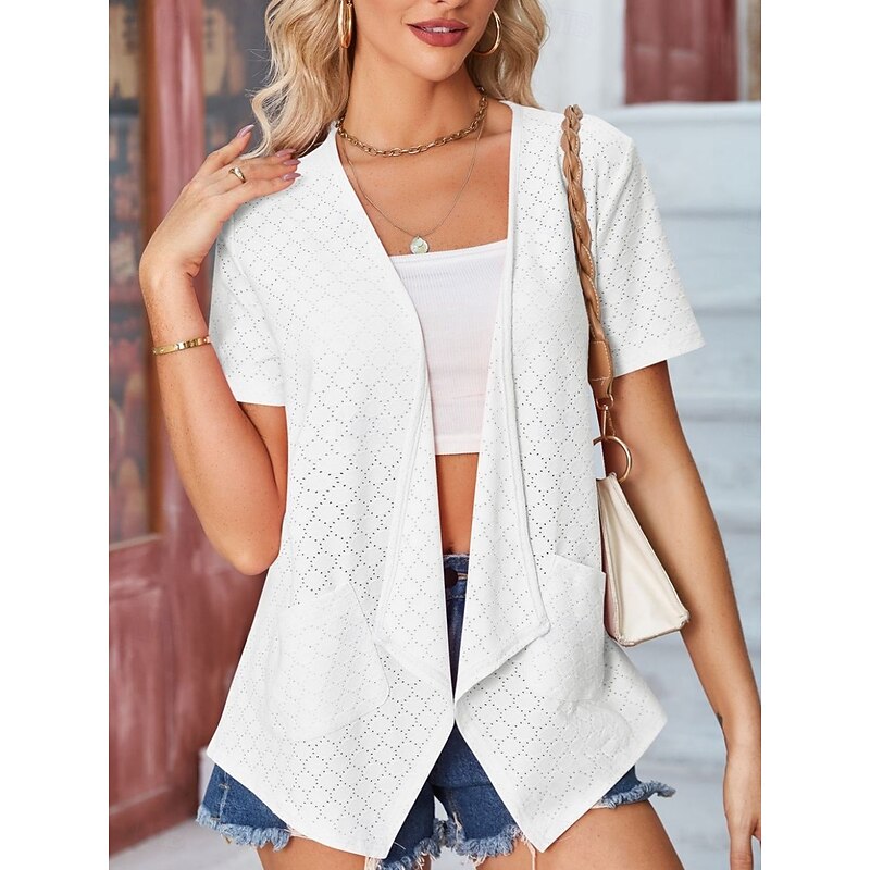 Women's Shrugs Solid Color Stylish Casual Short Sleeve Shirt Collar Regular Tops Daily Pocket Black White Yellow Pink Summer2