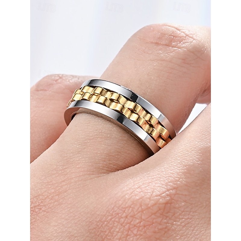 Men's Stainless Steel Spinning Fidget Ring – Black, Silver, and Gold Color Options with Chain Design for Stress Relief and Stylish Everyday Wear, Perfect Father's Day Gift4