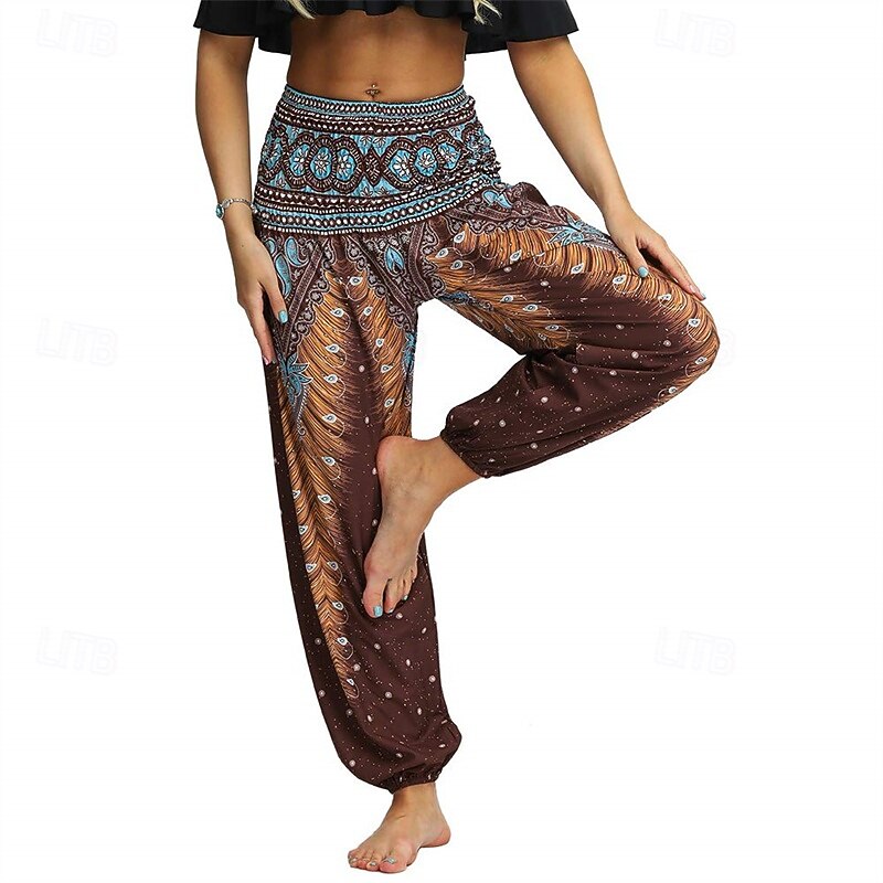 Retro Vintage Boho 1970s Harem pants Yoga Pants Hippie Smocked Waist Peacock Feathers Fancy Dress Women's Halloween Carnival Beach Vacation Wear Retro Theme Party Festival Adults' Pants4