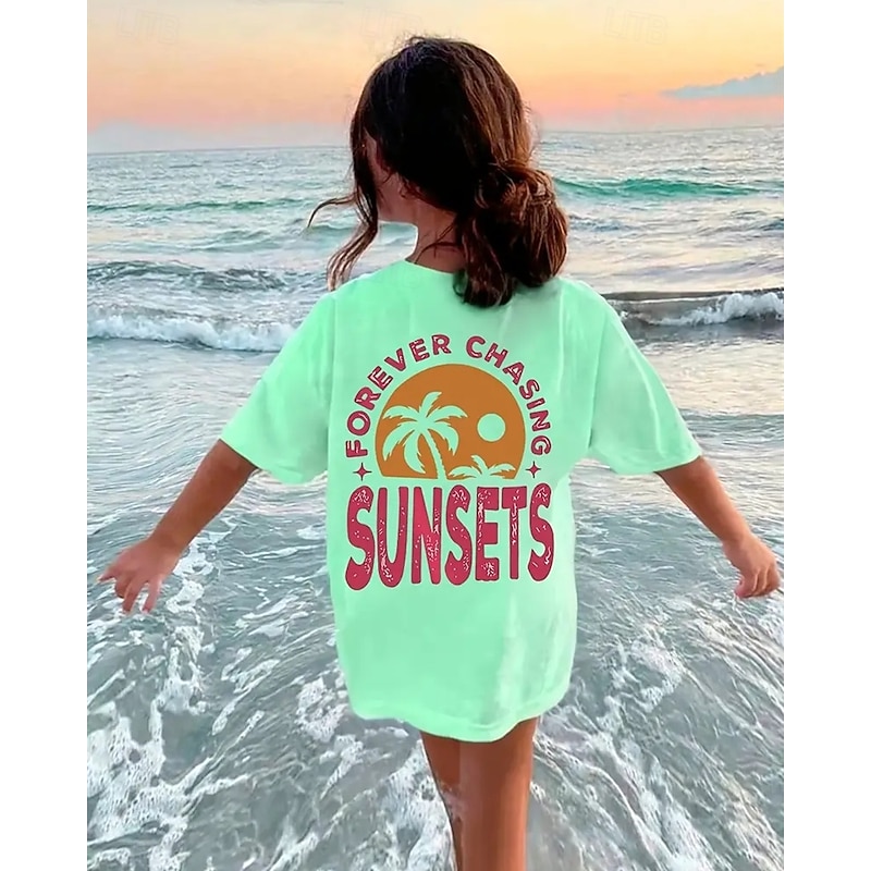 Girls' 3D Coconut Tree Letter T shirt Tee Short Sleeve Summer Spring Fashion Basic Kids 4-12 Years Crew Neck Outdoor Casual Daily Regular Fit