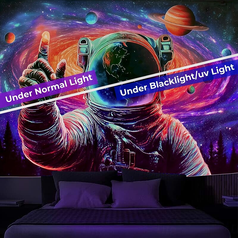 Blacklight Tapestry Glow in the Dark Glow Party UV Reactive Astronaut Trippy Misty Hanging Tapestry Wall Art Mural for Living Room Bedroom3