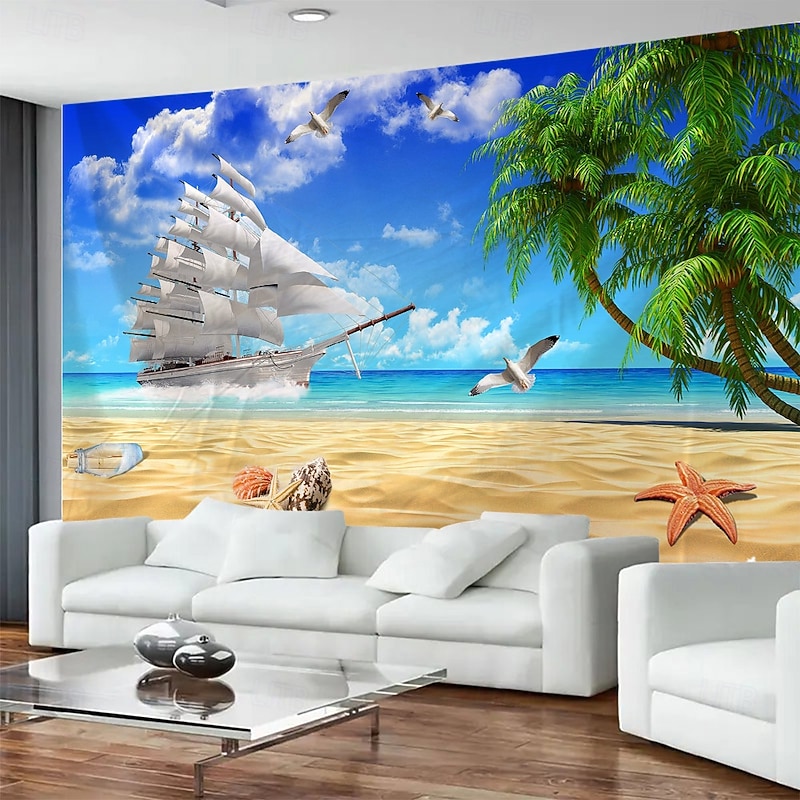 Sea View Beach Shell Landscape Hanging Tapestry Mural Art Large Tapestry Mural Decoration Photos Background Carpet Curtains Home Bedroom Living Room Decoration