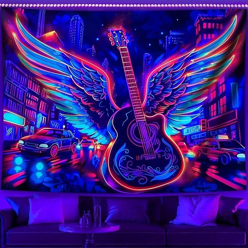 Blacklight Tapestry Glow in the Dark Glow Party UV Reactive Cyber Guitar Trippy Misty Modern City View Hanging Tapestry Wall Art Mural for Living Room Bedroom