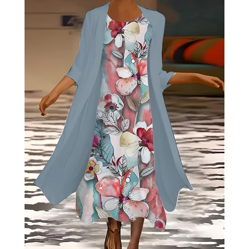 Women's Dress Set Summer Dress Vacation Casual Ombre Floral Print Maxi Dress 3/4 Length Sleeve Crew Neck Wedding Guest Birthday White Blue Purple Summer Spring Regular Fit3